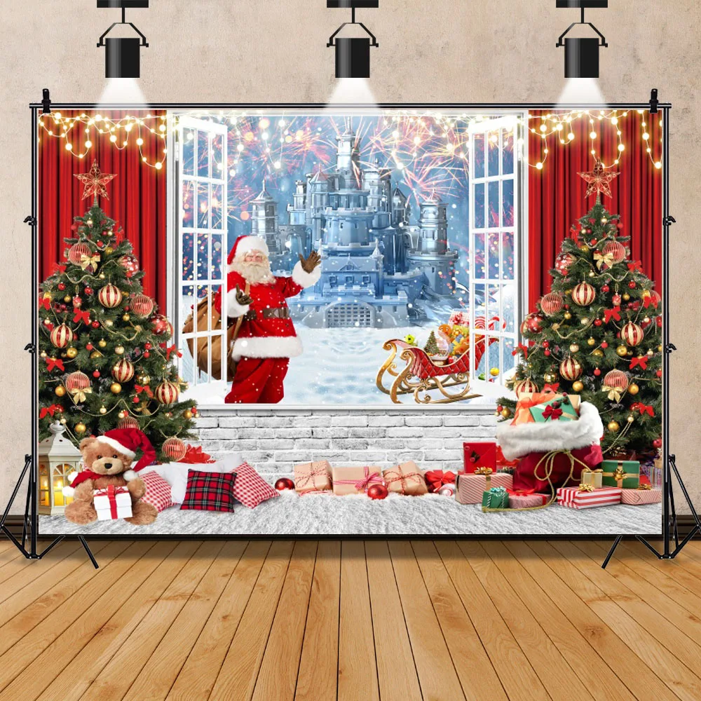 Christmas Backdrop Xmas Tree Santa Claus Gift Window Fireplace Baby Family Portrait Photography Backgrounds for Photo Studio