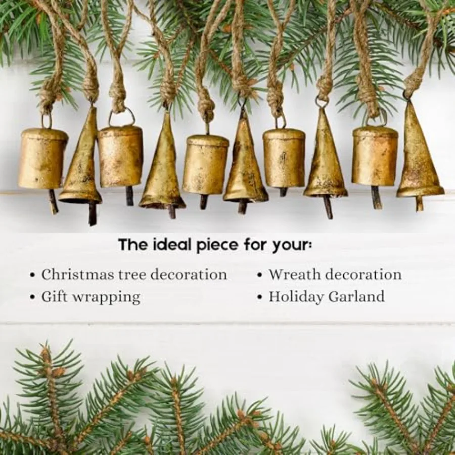 مجموعة Mie Creations مكونة من 10 أجراس عيد الميلاد الريفية العتيقة وأجراس القصدير على حبل الجوت لديكور العطلة مثالية لعيد الميلاد اليدوي
