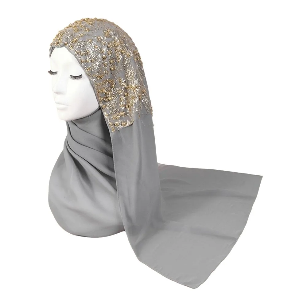 Fashion Silk Pearl Chiffon Hijab Scarf Gold Beads Embroidery Women Headscarf Ethnic Style All-march Islamic Turban Eid al-Fitr