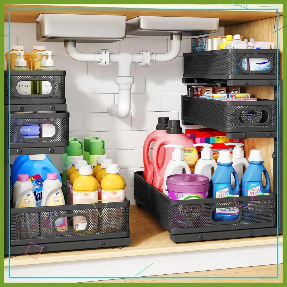 

Under Sink Organizer 2-Pack, 3-Tier Adjustable Pull Out Shelf for Kitchen Bathroom