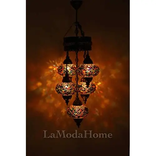 LaModaHome 40 + Unique Colors, 2020 Customizable Chandelier 5 Globes + Free 5 Bulbs, stunning Mosaic Turkish Lamp Moroccan Light