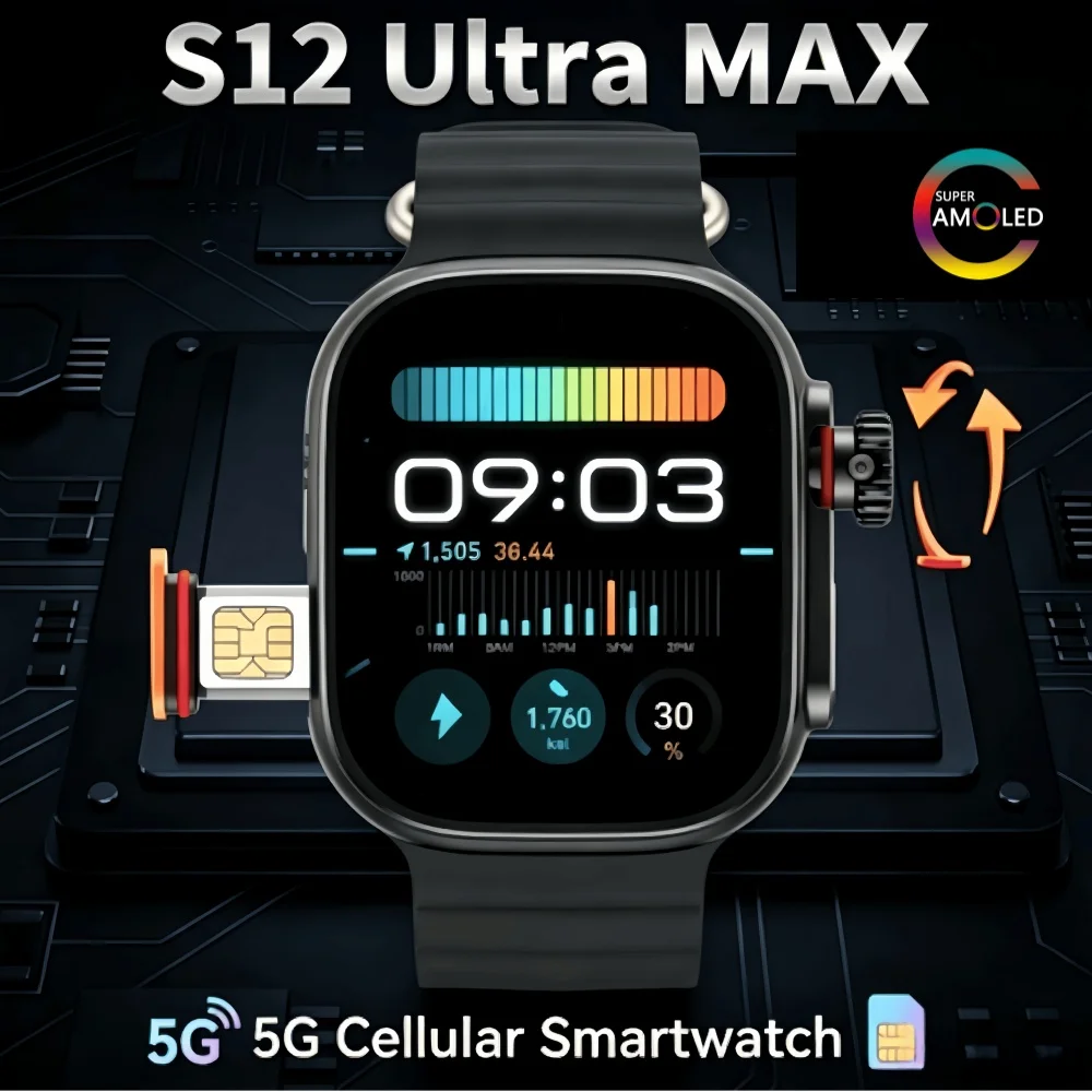 

S12 Ultra MAX Smartwatch Android 12.0 5G Network Sim Card Rotary Camera Amoled Google Play Store Global Version Smart Watch