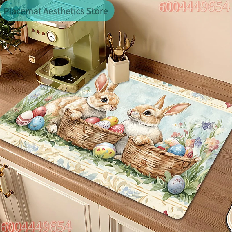 Easter Bunny Kitchen Drain Mat Washable Non-Slip Coffee Machine Mat Countertop Dish Drying Pad Kitchen Accessories