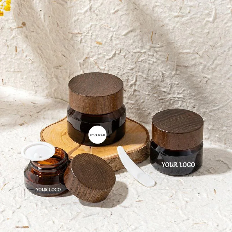 

【Logo Customization】Stickers 20pcs 15/30/50g Brown Wooden Lid Cream Jar for Facecream Eyecream Essencecream Cosmetics packaging