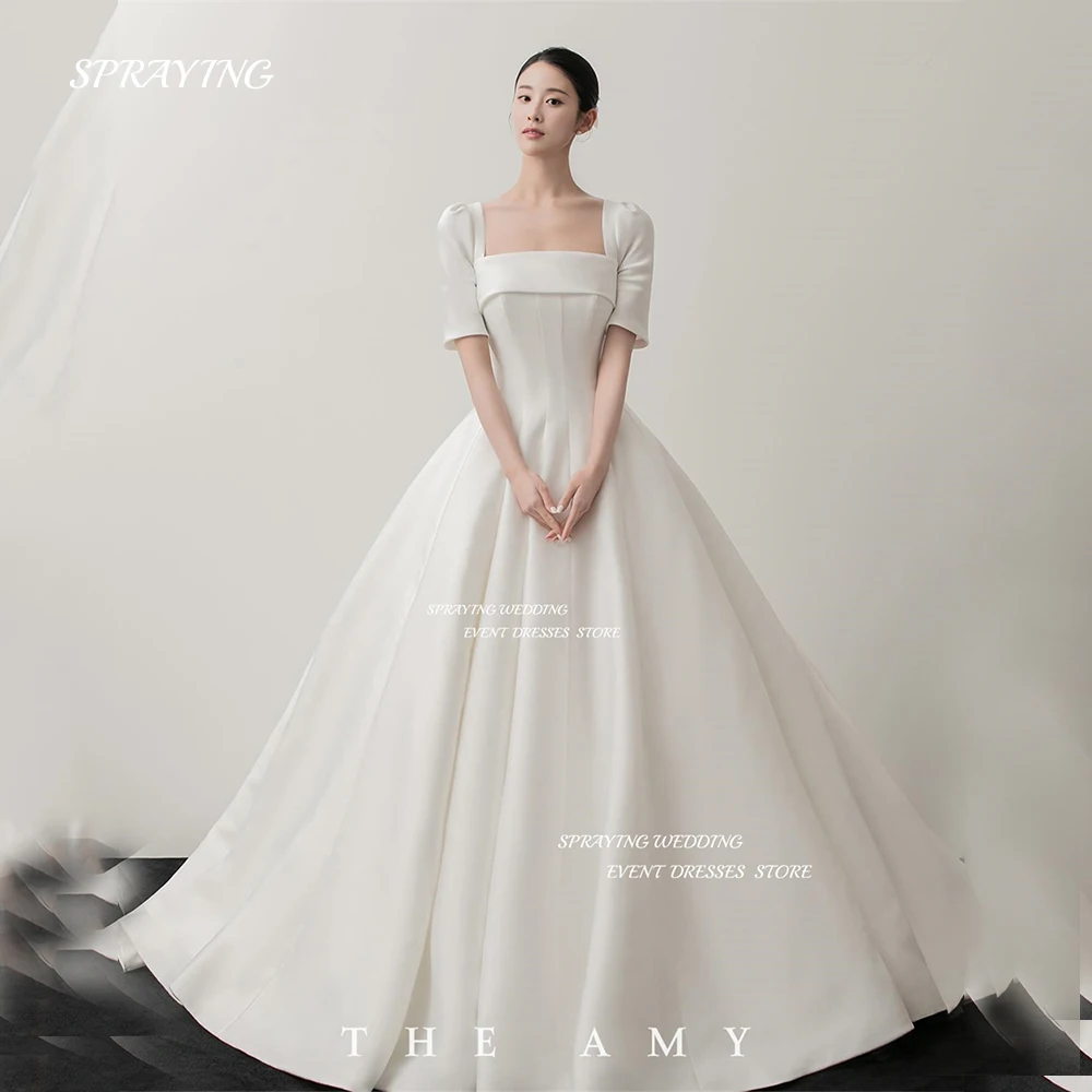 SPRAYING Korea Square Neck Wedding Dress Photo Shoot Half Sleeve Long Sleeve Sweep Train Bridal Dresses Customized 2025 웨딩드레스