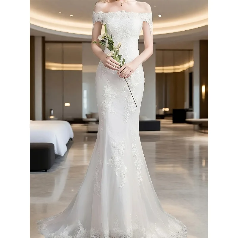 Elegant Off - Shoulder Wedding Dress Women's White Lace Mermaid Gown with Sheer Short Sleeves for Romantic Party Gown Customized
