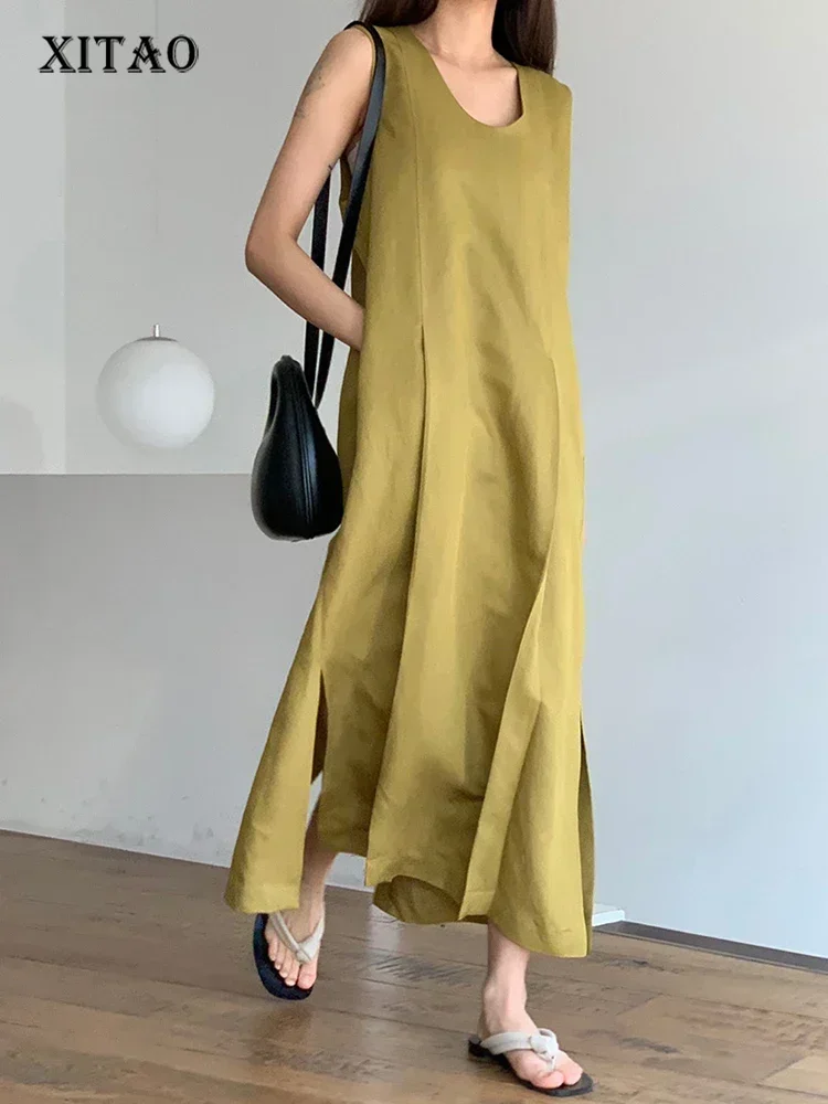 

XITAO Loose Casual Simplicity Side Split Dress Sleeveless O-neck Solid Color 2024 Summer Women New All-match Dress DMJ1942