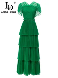 LD LINDA DELLA 2023 Summer Elegant Party Dress Women's Green  V-Neck High Waist Splice Cascading Ruffle zipper Slim Fit  Dress