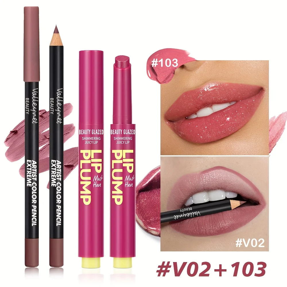 Zestaw 2 szt. nawilżającej pomadki z drobnym brokatem + drewniany konturówka do ust, matowa, długotrwała, wodoodporna formuła, łatwa w nakładaniu koloru.