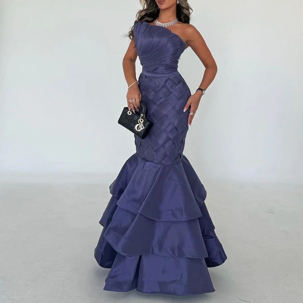 

One Shoulder Sleeveless Satin Floor Length Mermaid Evening Dress Tiered Temperament Photo Color Bespoke Occasion Gowns Classic