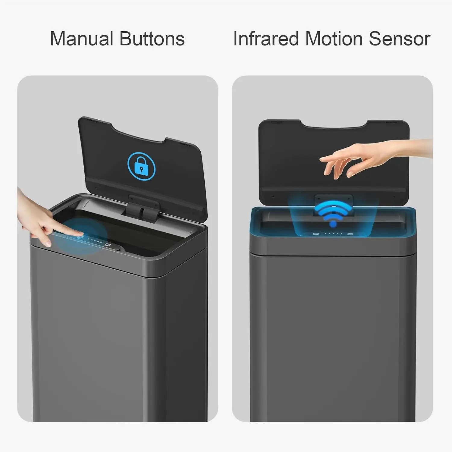 15 Gallon Touchless Motion Sensor Trash Can | Rectangular grey smart garbage can with lid, automatic touchless design for kitche