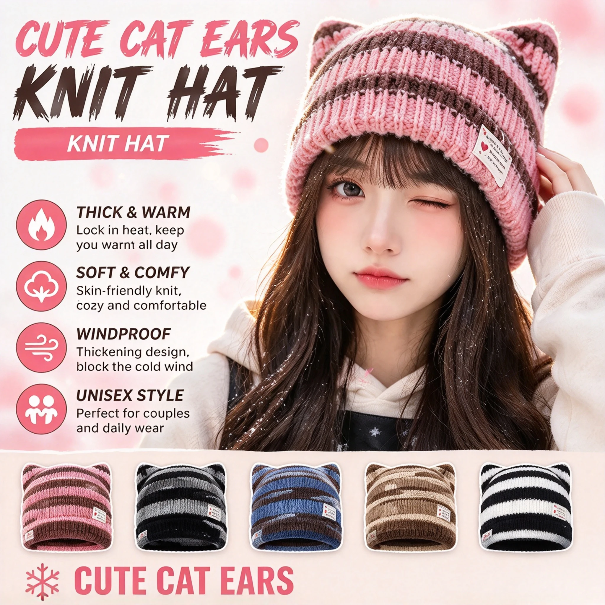 New Autumn Winter Warm Wool Cap Cute Cat Ears Striped Knit Cap Outdoor Thickening Cold Warm Couple Versatile Hat
