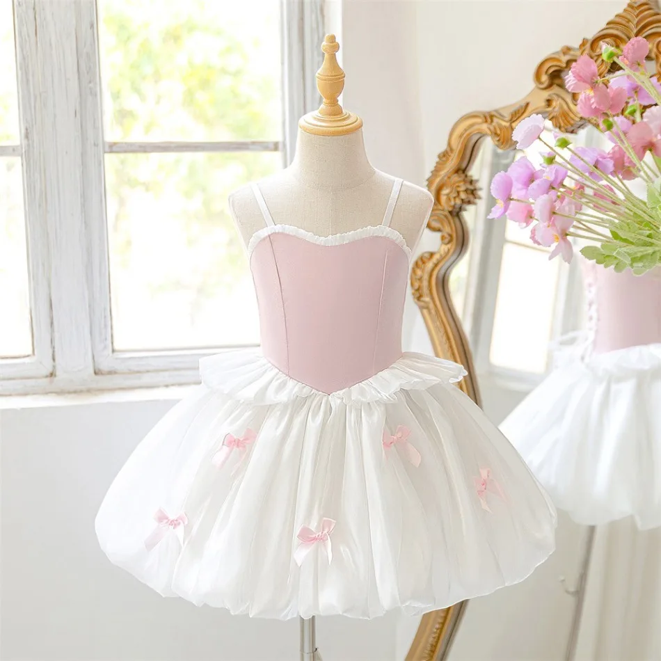 Girls Pink Spaghetti Strap Formal Dress Bow Bubble Puffy Tulle Skirt Kids Ballet Birthday Party Flower Girl Princess Gown ASQ03