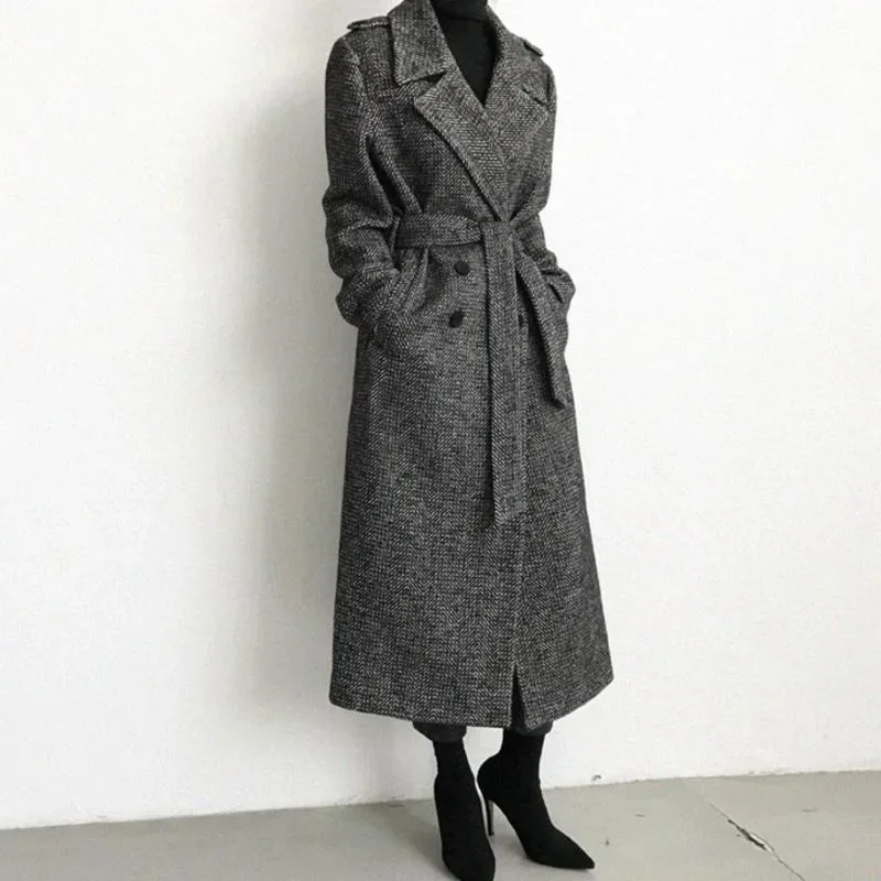 Winter New Women Fashion Long Below Knee Wool Coat Female Plaid Casual Temperament Thick Trench Coats All-match Woolen Outwear