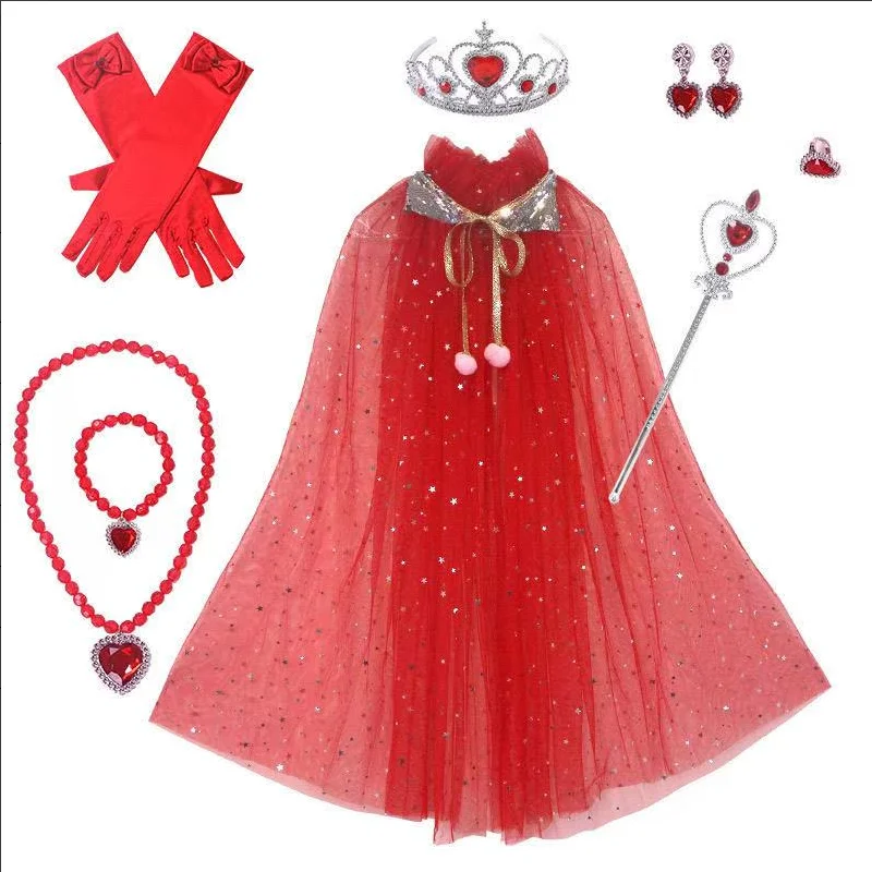 Kids Sparkly Flowy Enjoyable Princess Style Cloak With Headpiece Hand Jewelry Lightweight Colorful Birthday Festival Party Wear