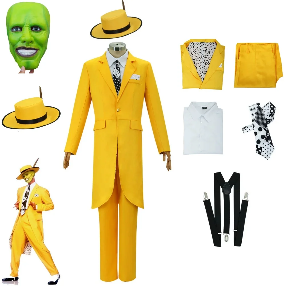 

Movie The Mask JimCarry Jim Carrey Cosplay Costume Men Uniform Stage Mask Hat Windbreaker Shirt Tie Suspenders Suit Halloween