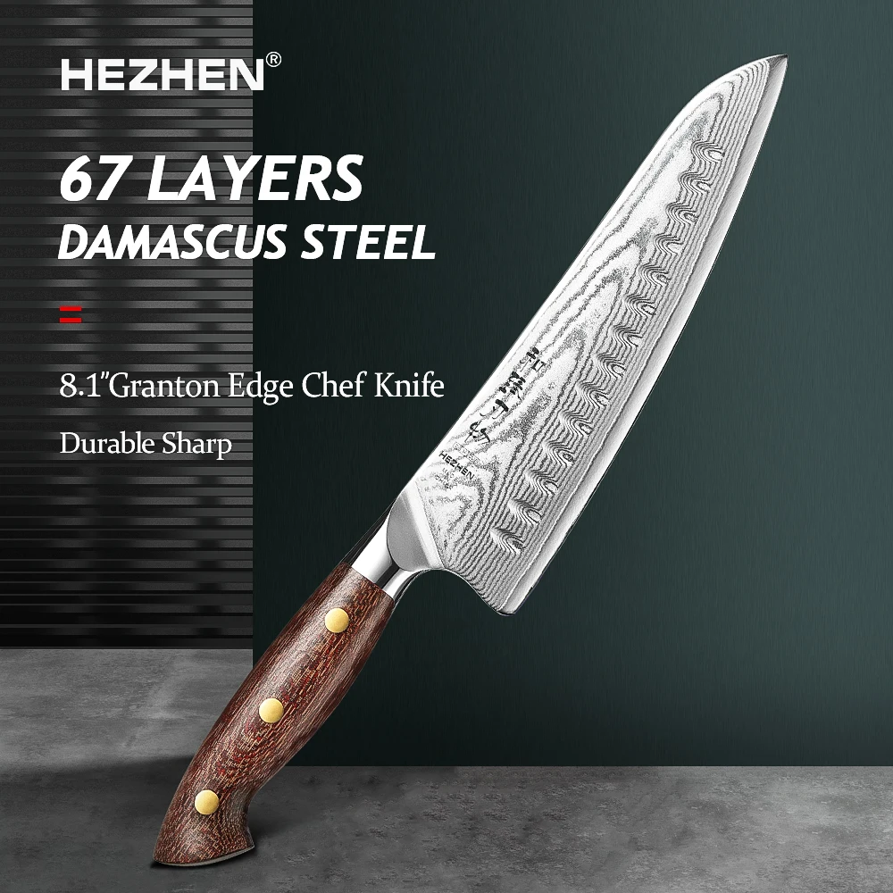 HEZHEN 8.1 Inches Granton Edge Chef Knife 67 Layers Damascus Steel Sharp Tools Peeling Fruit Knives Micarta Handle Kitchen Knife