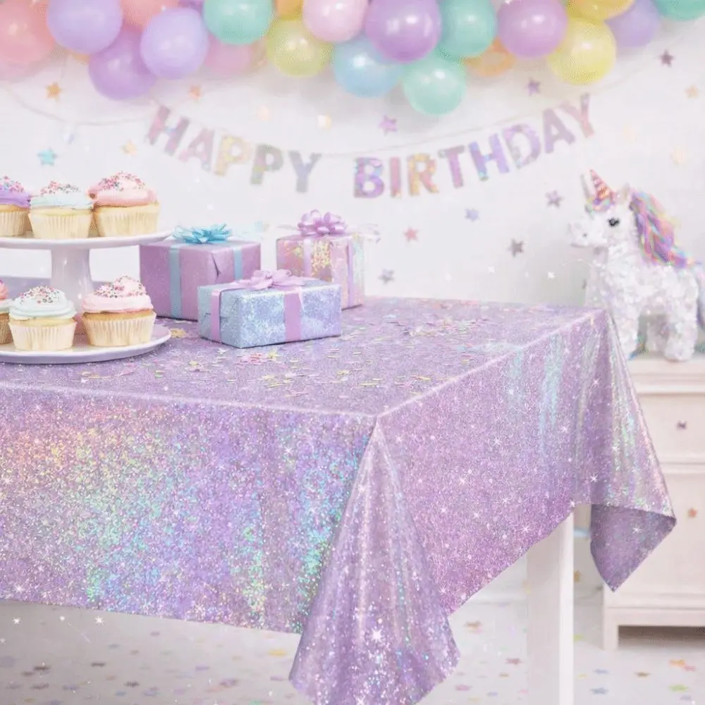 2Pcs Thickened Disposable Laser Tablecloth Sparkling Rainbow Shiny Rectangle Table Covers Iridescent Effect Aluminum Film