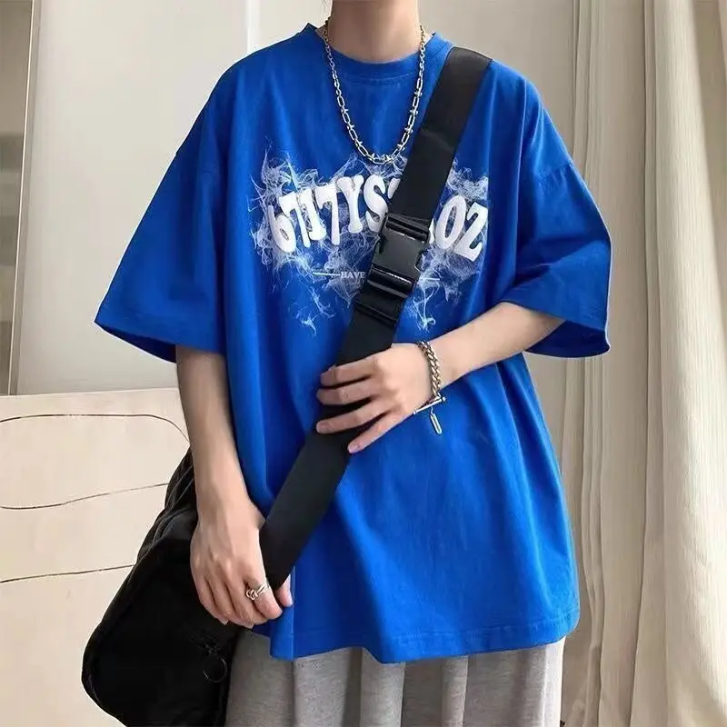 

American Street Men's New Summer Pullovers O-Neck Letter Casual High Street Trendy Loose Half Sleeve Young Style T-shirt Tops