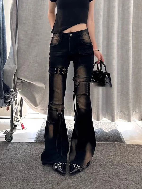 

American High Street Spliced Workwear Denim Pants Women's Spring New Vintage Wa Design Micro Flared Long Trousers