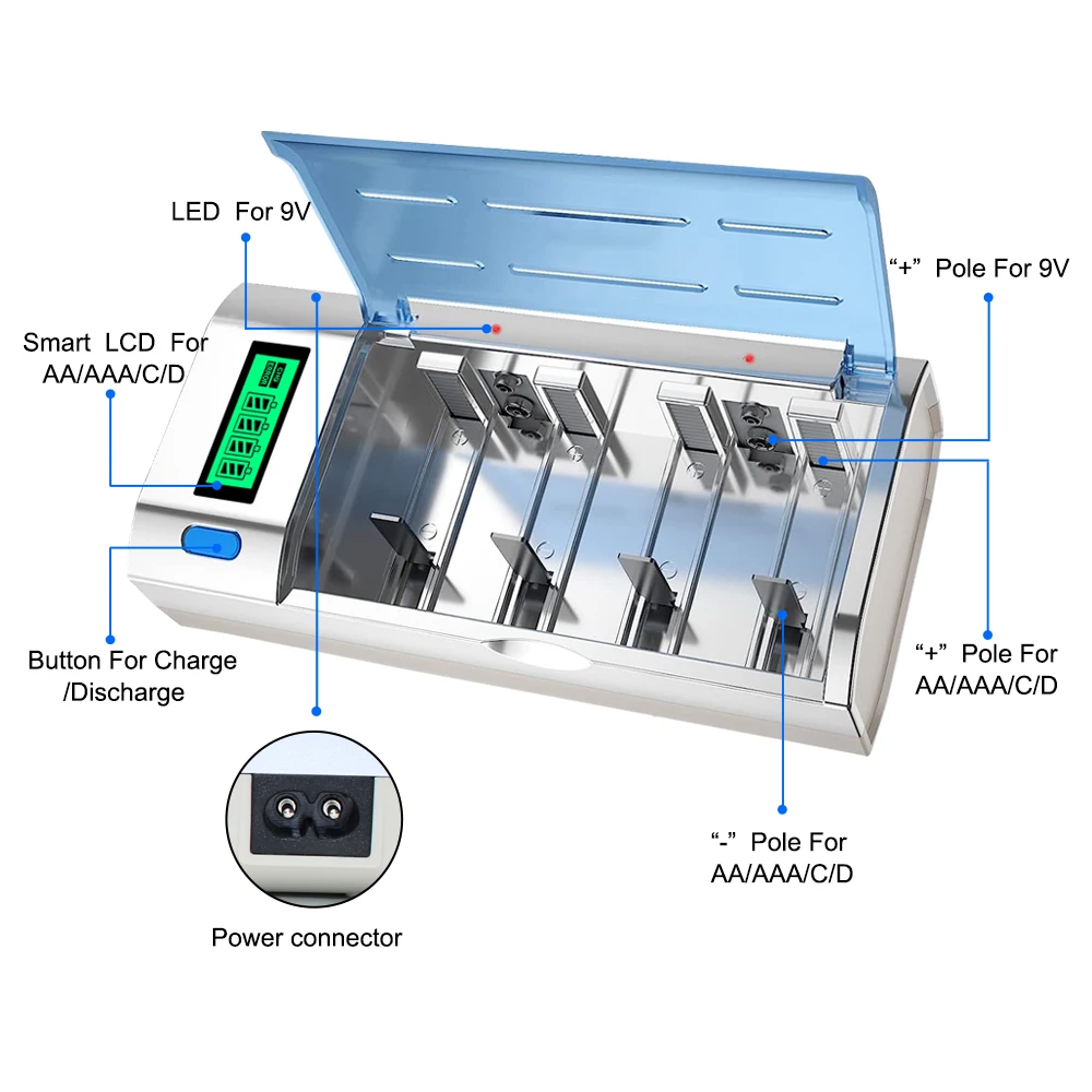 LCD Smart Quick Battery Charger for 1.2v C D AA AAA 9V NiMH NiCD Rechargeable Batteries with Refresh Function