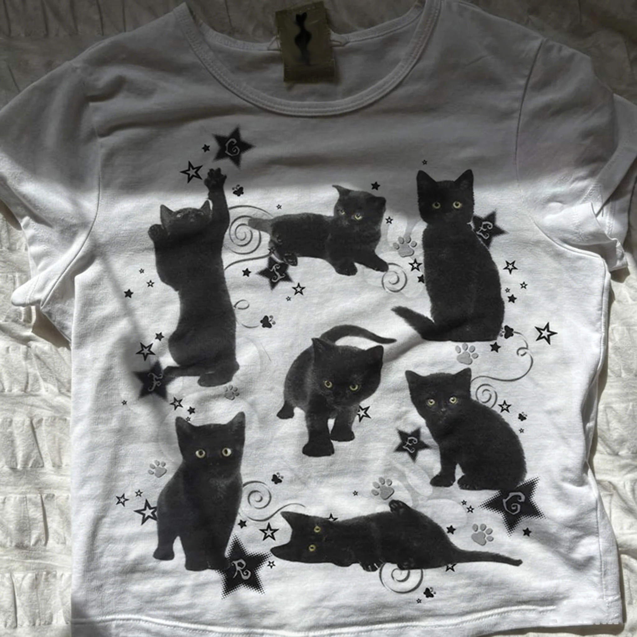 Cat Fashion Funny Design Print Kurzarm-T-Shirt mit Rundhalsausschnitt, bedrucktes T-Shirt, Kleidung, Damen-T-Shirt, Kleidung, Damen-Top-T-Shirt