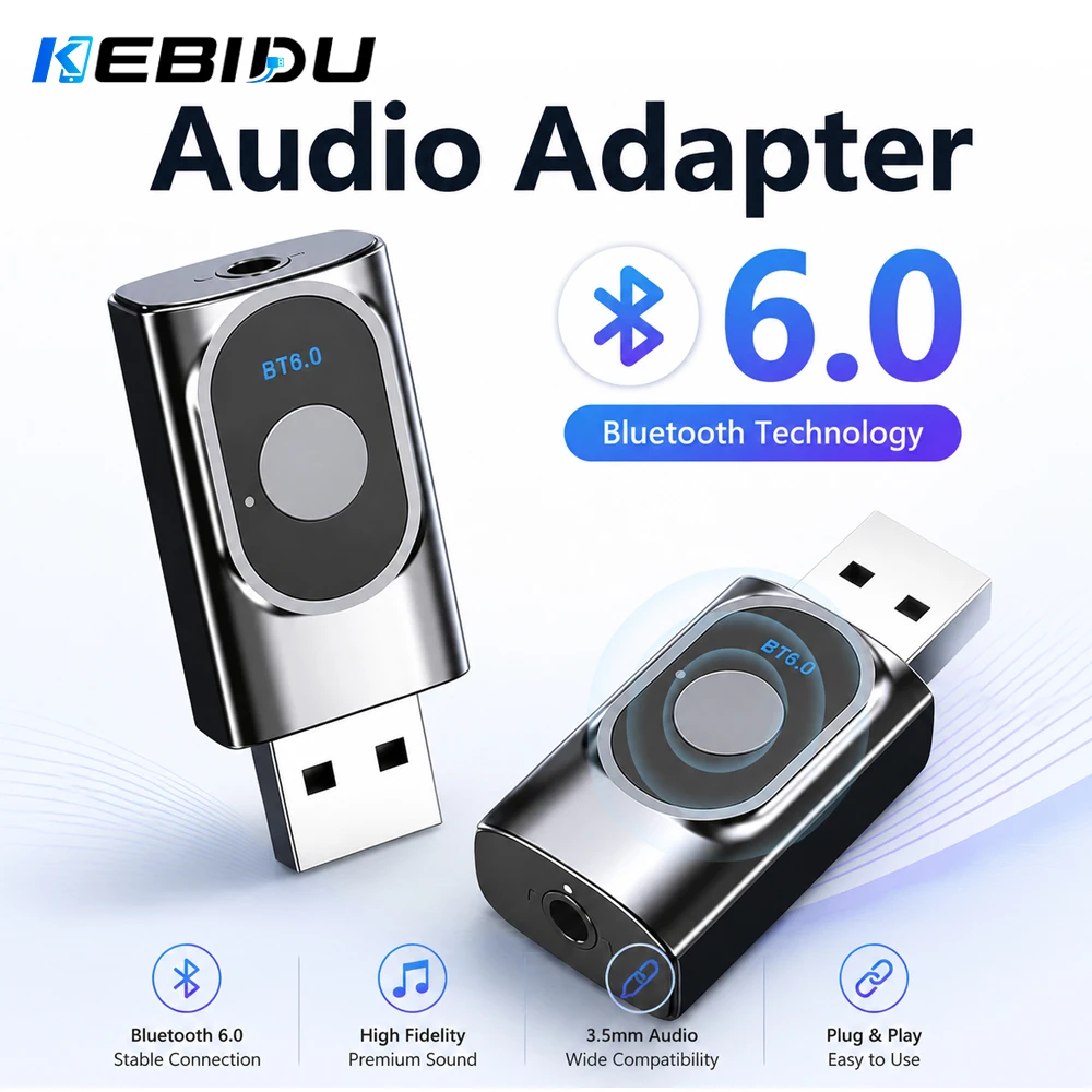 KEBIDU Bluetooth 6.0 Adapter Audio Transmitter Receiver Car Hands-free Music Adapter 3.5mm AUX Stereo One-Click Switch Adapter