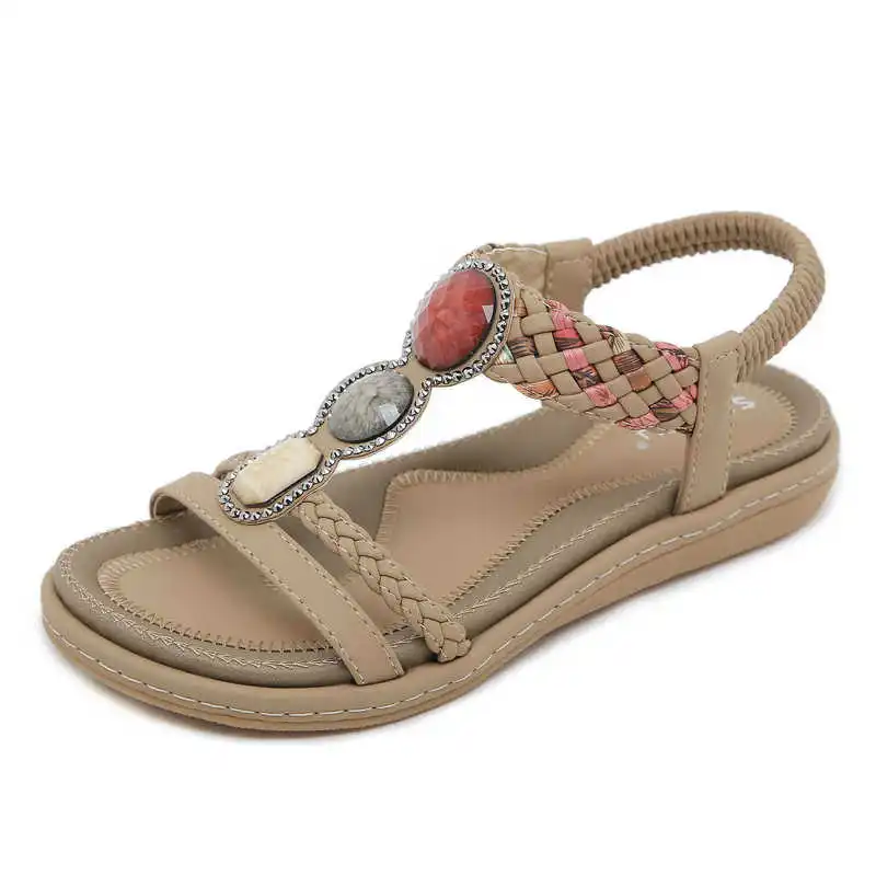 2025 summer new woman sandals Bohemia Style Flat Heels casual comfort non-slip flat sandals beaded female beach shoes plus size