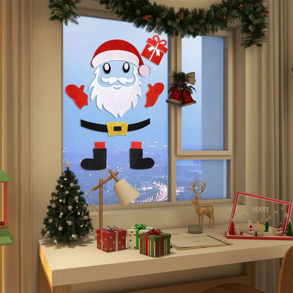 2 Set Cartoon Christmas Felt Door Sticker Elk Christmas Tree Snowman Funny Santa Claus Window Sticker Exquisite