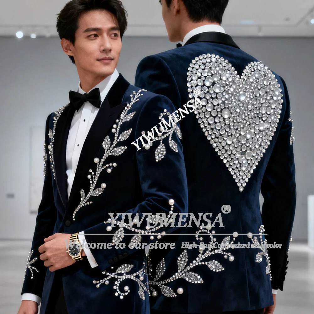 

Rhinestones Beaded Groom Wedding Suits Slim Fit Single Breasted Jacket Pants 2 Piece Set Man Business Party Tuxedo Ropa Hombre