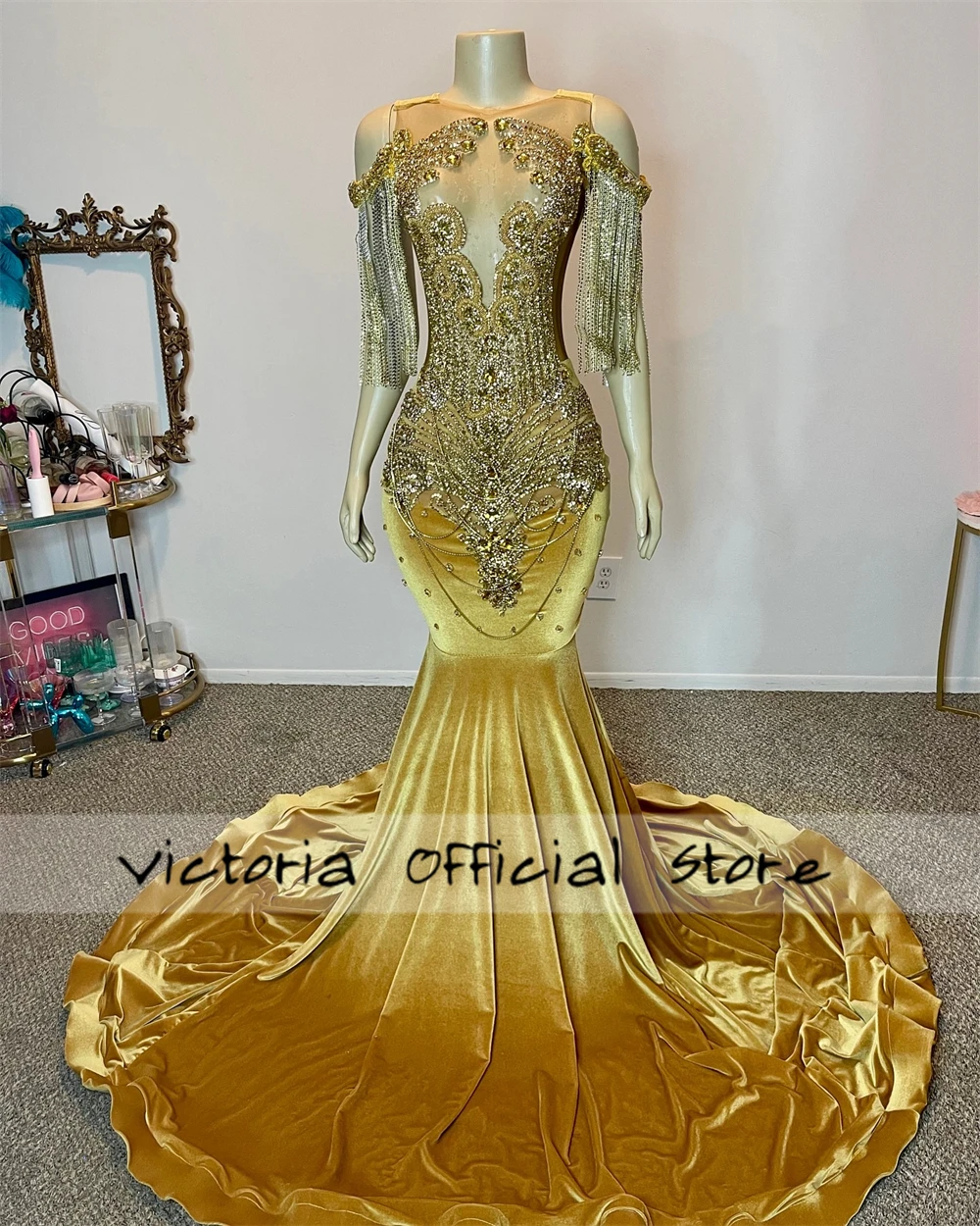 Luxurious Gold Crystal Beading Prom Dresses Tassels Mermaid African Wedding Party Gowns For Black Girls Evening Dress Customized