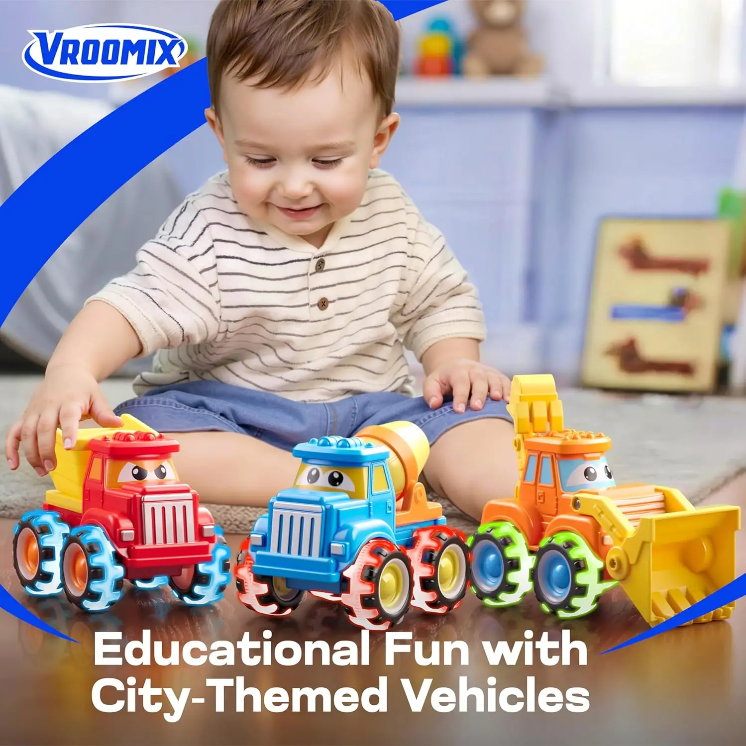 Joyfy GlowRover Confezione da 3 giocattoli Monster Truck Auto da costruzione cittadina con ruote a LED per i più piccoli Ragazzi Ragazza Compleanno Regali di Natale