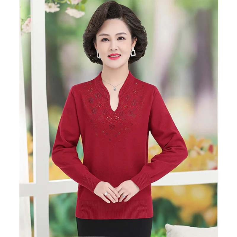 Women Cashmere Sweater 2022 Autumn New Middle-aged Mother Knitted Jumper Female Cheongsam Collar Pullovers Elegant Bottom Shirts