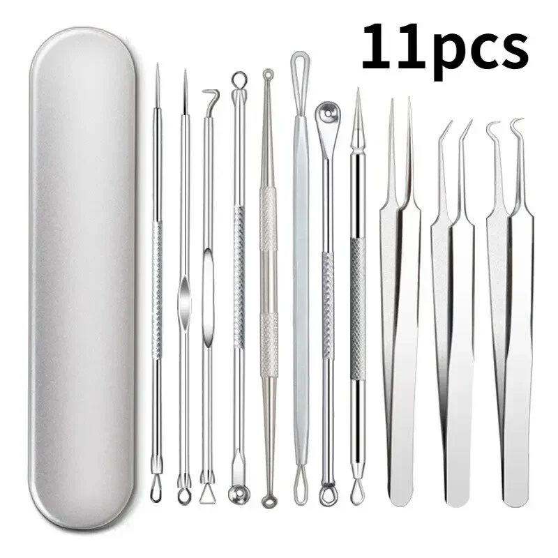 11Pcs Acne Needle Professional Tweezers Acne Remover Ultra-fine No. 5 Cell Pimples Blackhead Clip Facial Pore Cleaning Care Tool