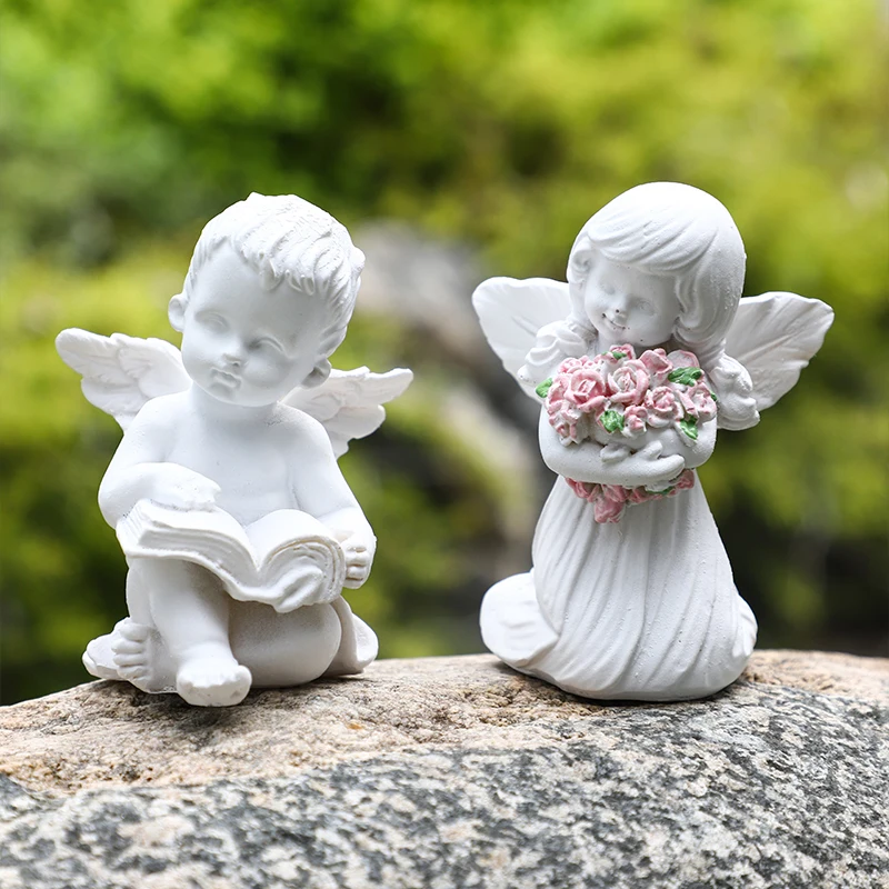 Cute Angel Ornaments Desktop Small Decorative Sculpture Resin Figure Ornaments Retro Flower Fairy Home Garden Pot Decoration