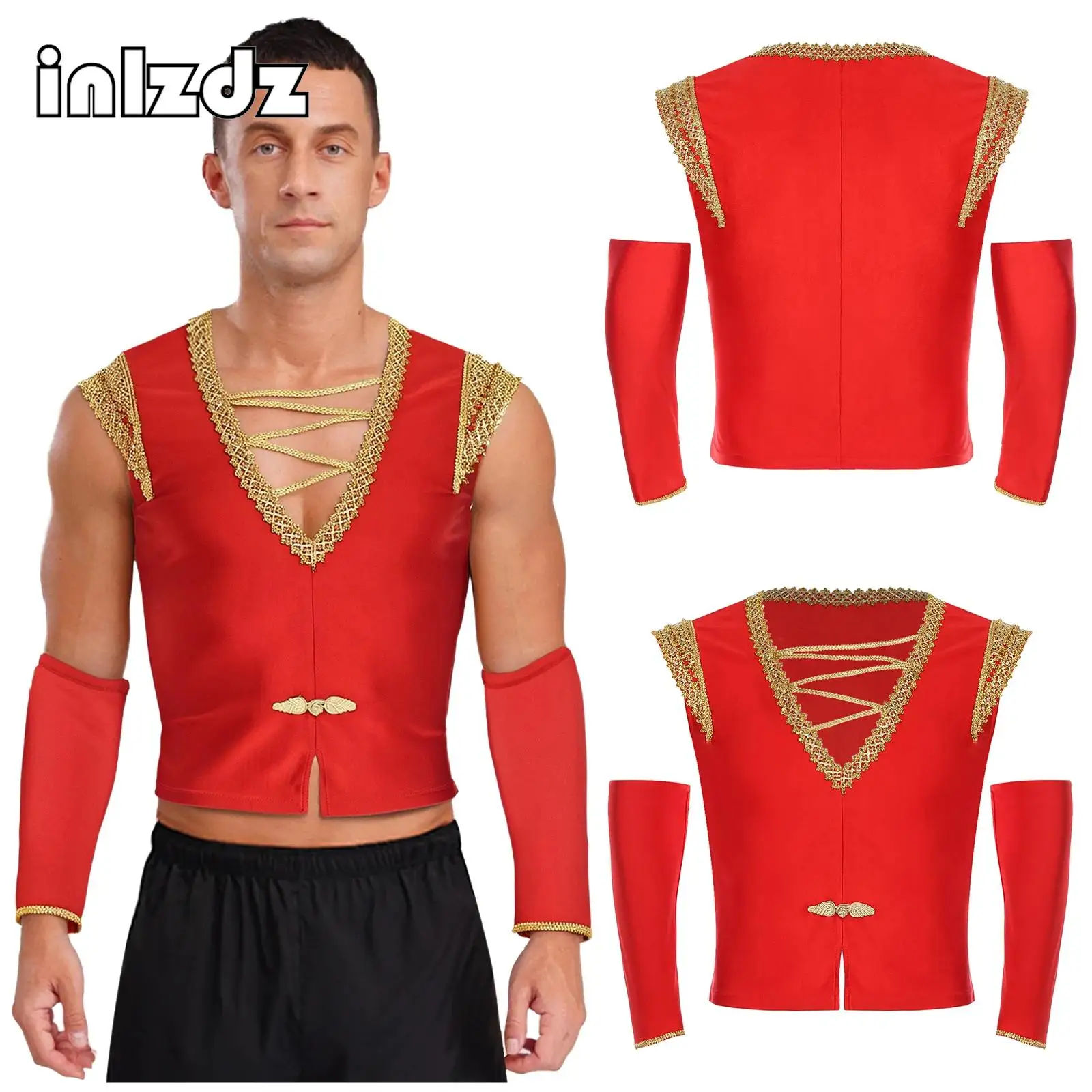 

Mens Ballet Prince Dance Costume Sleeves V Neck Gold Trim Frog Button Vest Waistcoat with Sleeves for Halloween Medieval Cosplay