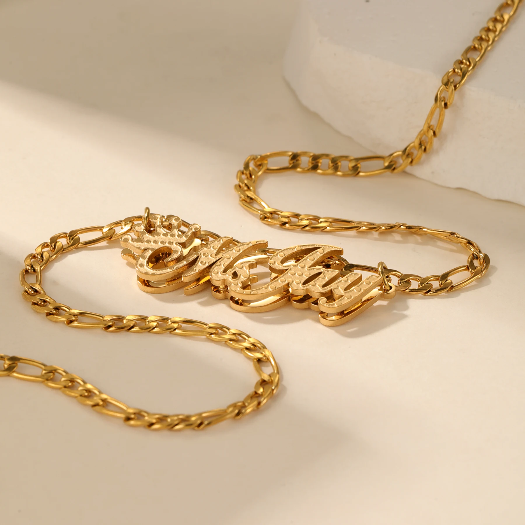 

18K Gold Plated Crown Custom Name Necklace Diamond Cut Handmade Double Layer Personalized Pendant Mother‘s Day Gift for Mom