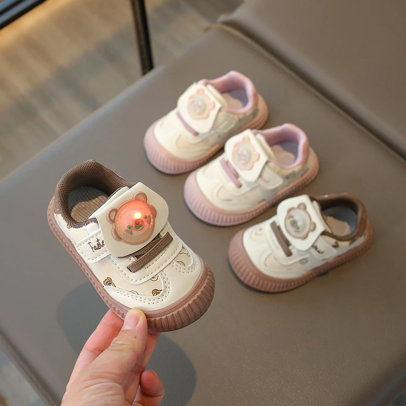 

Детская прогулочная обувь для детей 0-6 лет, кожаная повседневная обувь со вспышкой для мальчиков и девочек, нескользящие детские кроссовки на четыре сезона