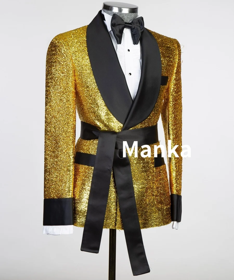 Black Satin Collar Gold Glitter Wedding Tuxedo with Belt Formal Party Men Suits Slim fit 2PCS Blazer Pants Male Suit