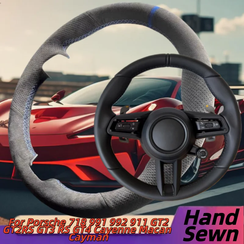 Hand-Sewn Genuine Leather Car Steering Wheel Cover For Porsche 718 991 992 911 GT2 GT2RS GT3 RS GT4 Cayenne Macan Cayman