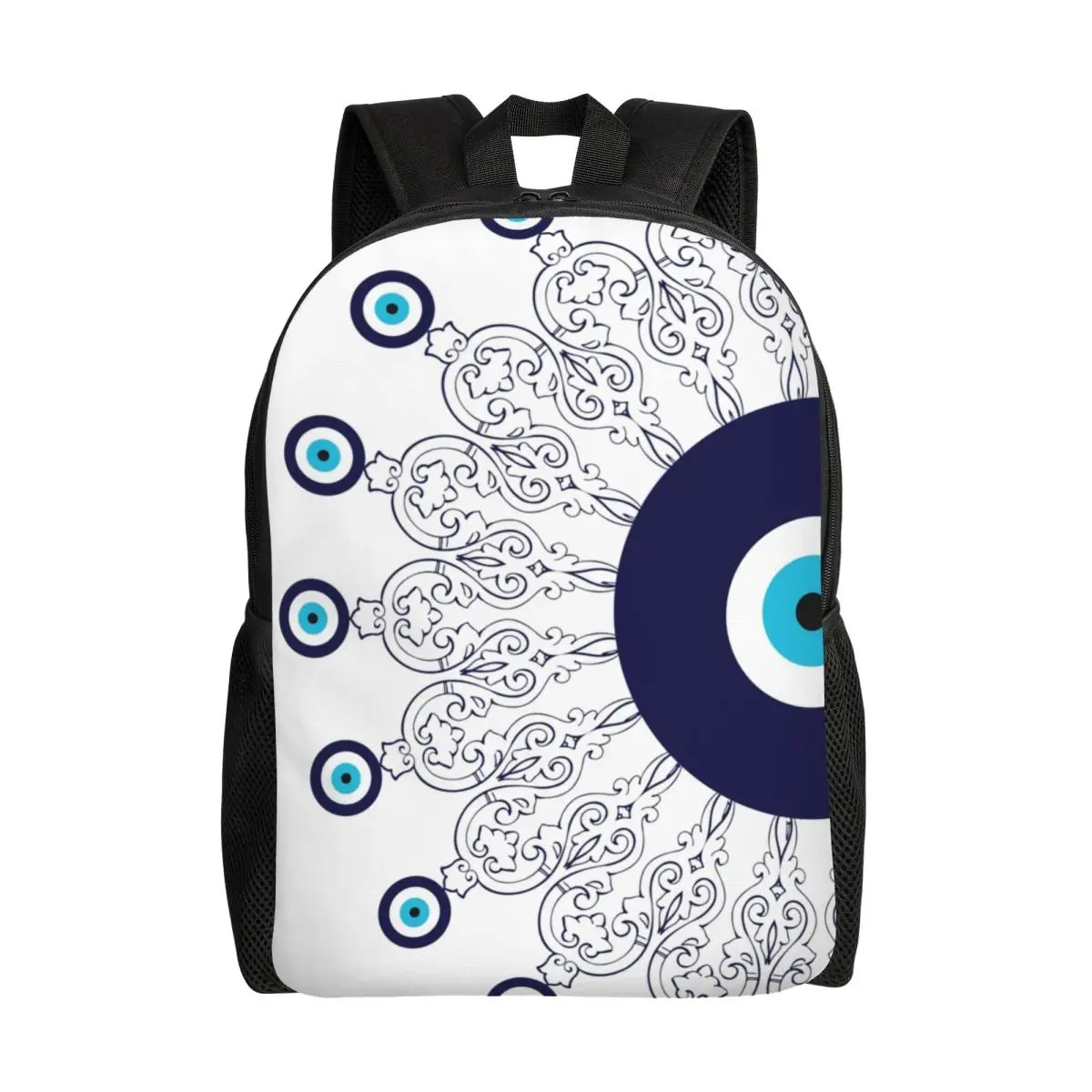 Sac à dos bleu marine et blanc pour ordinateur portable de 16 pouces, sacoche de voyage style bohème, avec motif de mandala mauvais œil méditerranéen