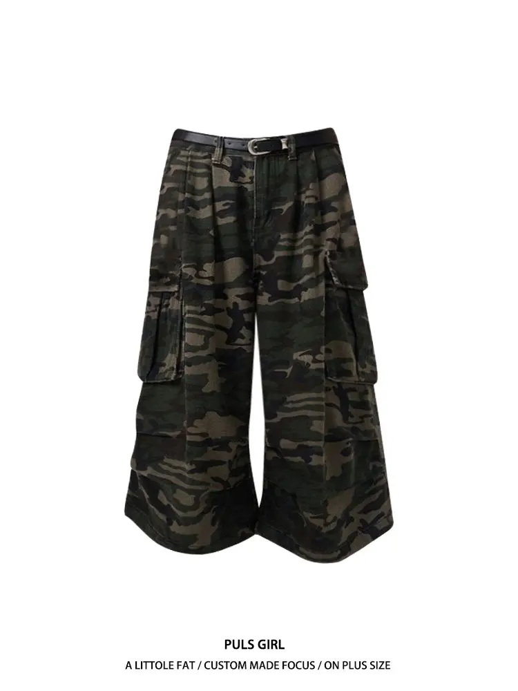 

plus Size American Retro Camouflage Wide Leg Work Pants Street Style Loose Straight Casual Seven Inch Shorts for Women