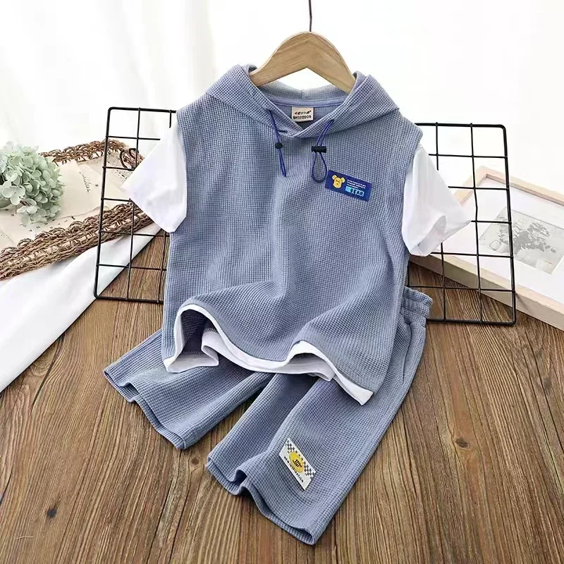 

Summer Sets For Children Casual Kids Hooded Suits Boys Fashion Versatile Top Shorts 2Pcs Teenager Short Sleeves Sports Clothing