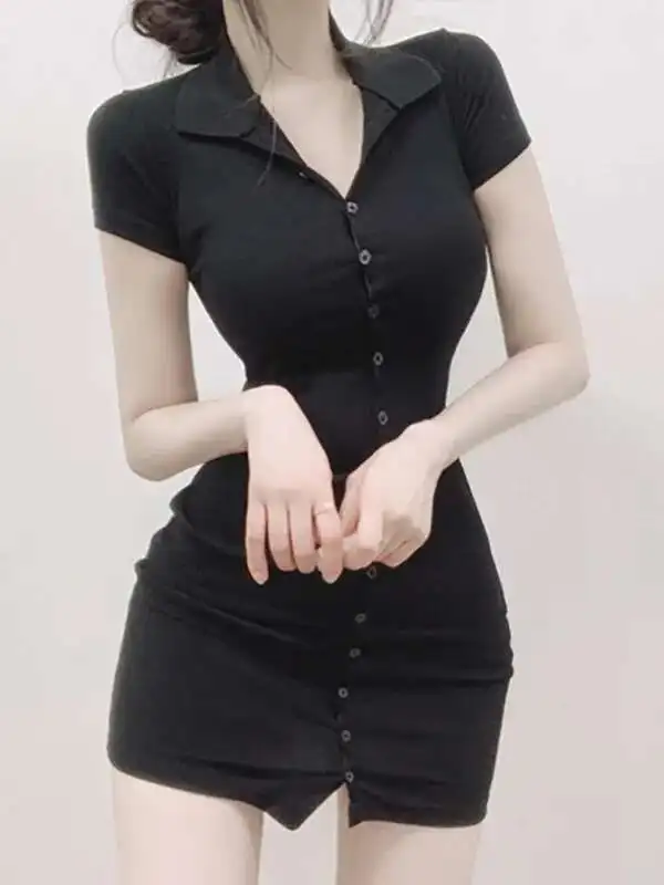 South Korea 2023 New Spring/Summer Dress Small Sexy Slim Fit Temperament Tight Short Sleeve Slim Wrap Hip Short Dress IDEI