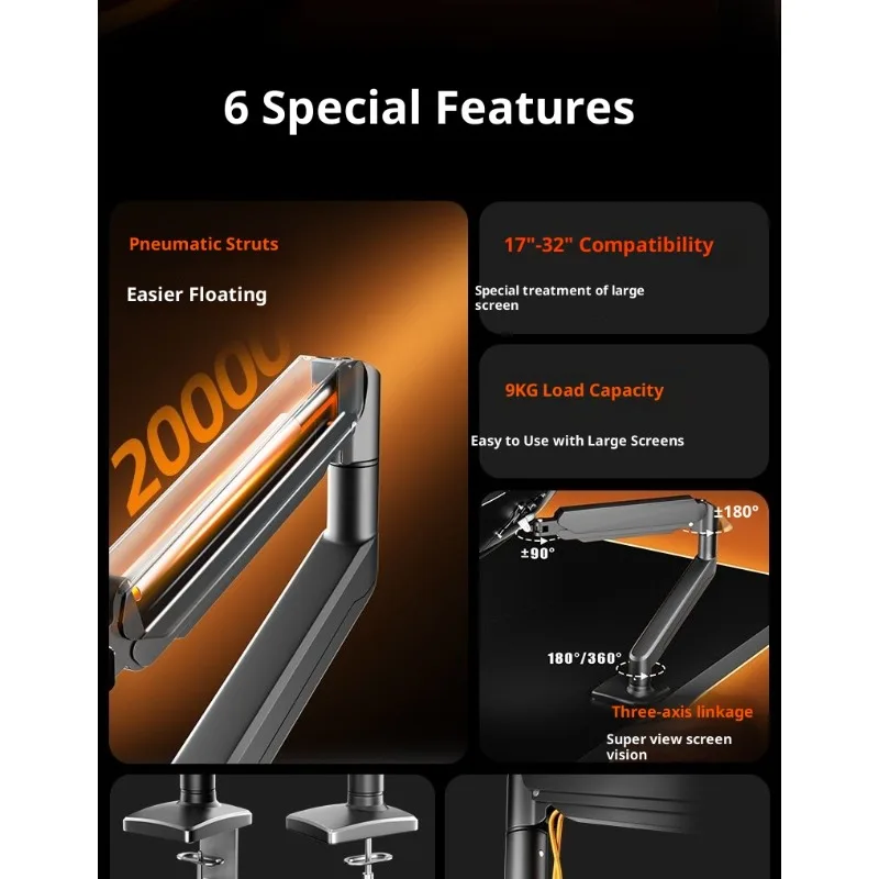 ذراع مراقبة زنبركي للغاز، ذراع واحد مزدوج، مشبك مكتبي، حركة كاملة، قابل للتعديل، حامل شاشة الارتفاع، دوران، دوار مائل