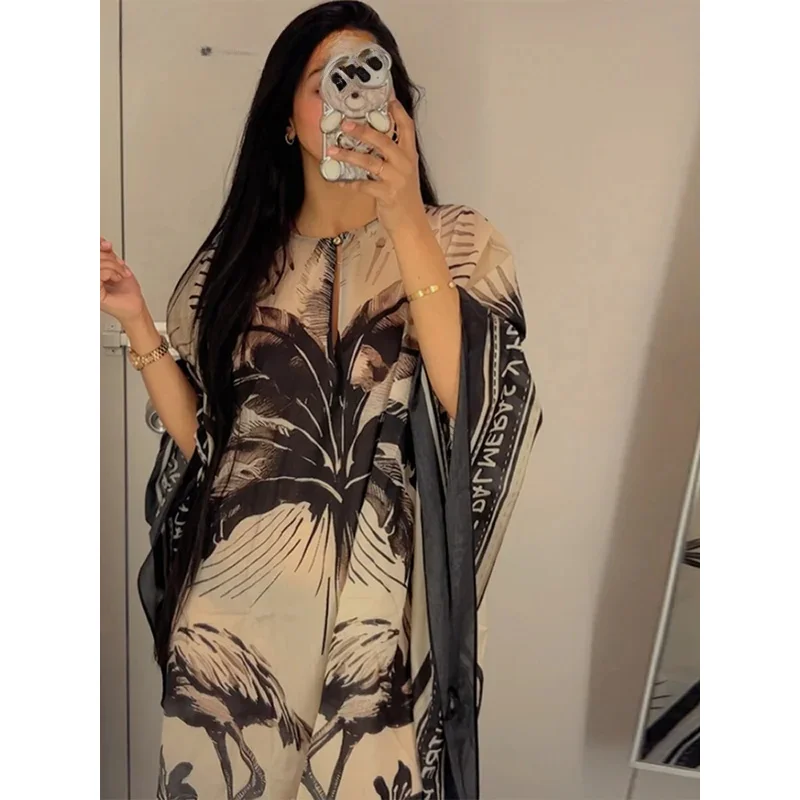 Bonny Fashion Print Pleated Long Dresses Women Party O-neck Full Sleeve Female Holiday Dresses 2025 Summer Lady Elegant  Robes