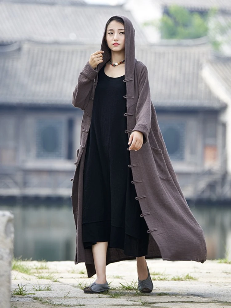 Spring Summer Cotton Linen Women's Clothing New Retro Harajuku Hooded Trench Coat Lightweight Long Robe Cape Outerwear Jacket
