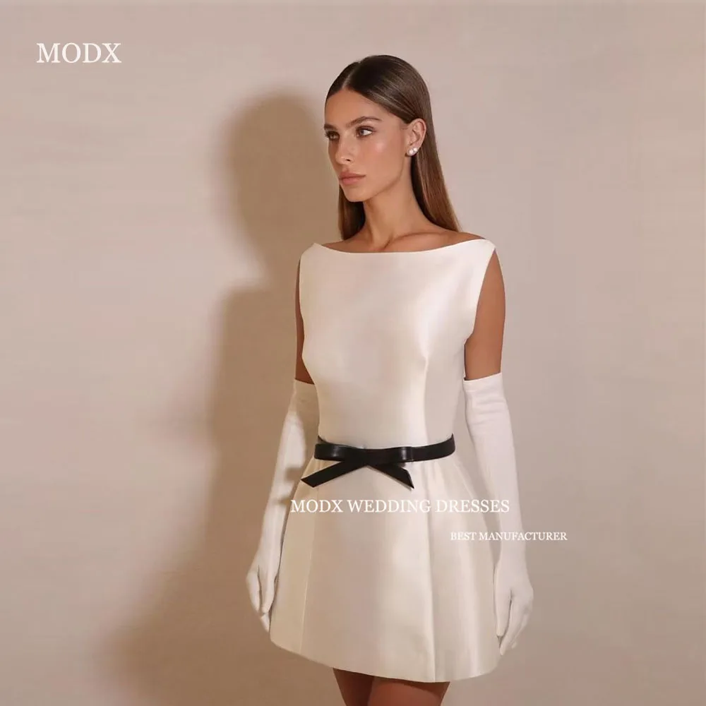 

MODX Simple Scoop Neck Mini Short Wedding Dresses Us Women Satin Black Belt Bride Gowns Formal Party Dress Customized