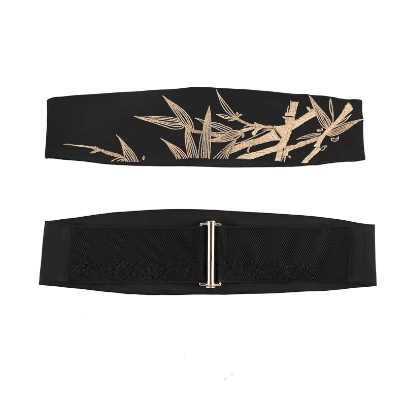 Cinturón elástico ancho para mujer, correas de cintura, tela, corsé negro/rojo, faja, cinturón bordado de hojas de bambú antiguo, pretina Obi