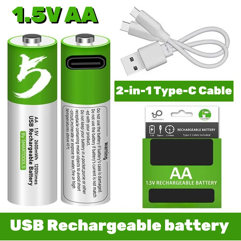 

Перезаряжаемая батарея AA, 1733 мАч, 1,5 В, литий-ионная батарея для мыши с дистанционным управлением, небольшой вентилятор, электрические игрушки, USB C, перезаряжаемая с кабелем